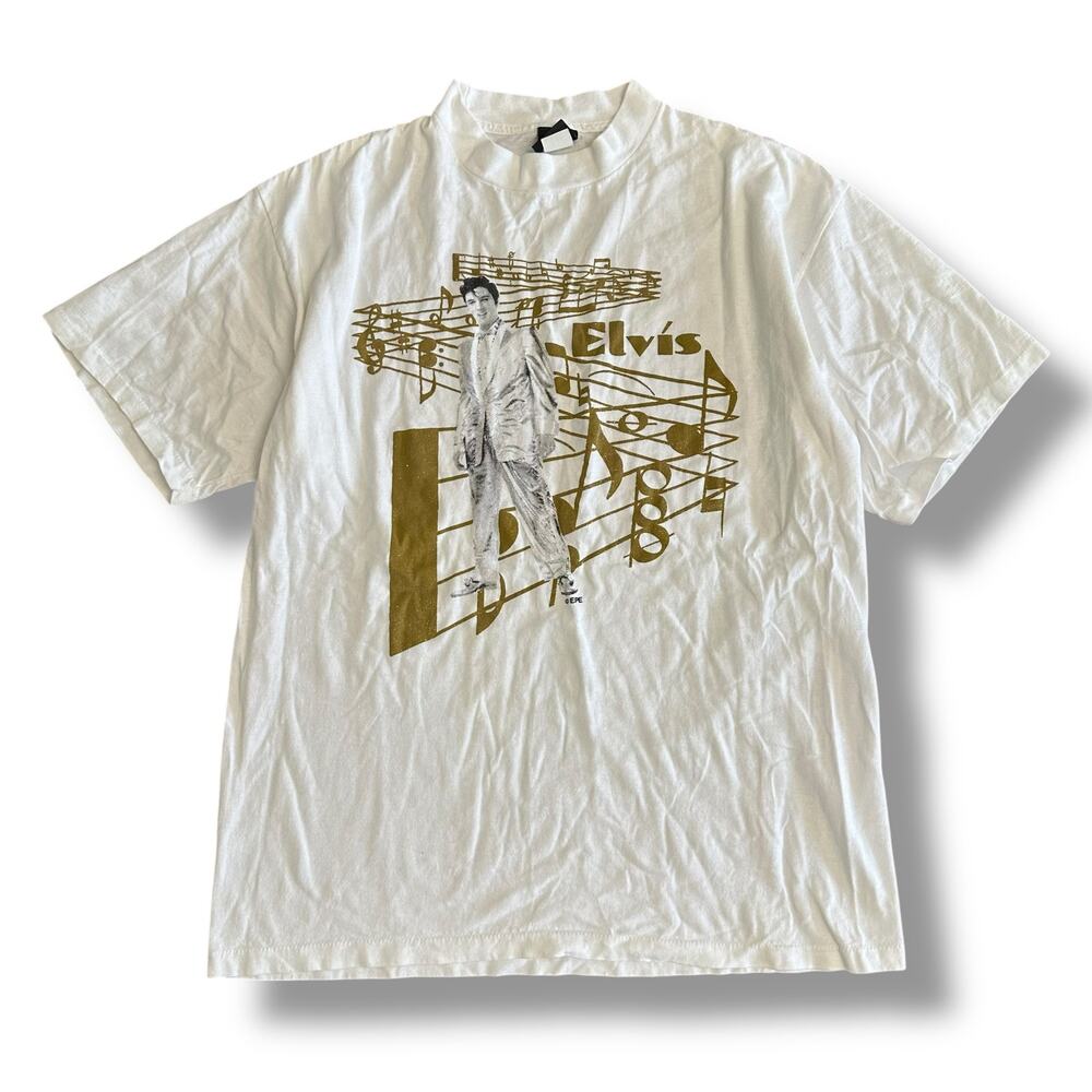 Vintage 90s Elvis Presleyโ Graphic T-Shirt XL White Diamond Dust Music Tee